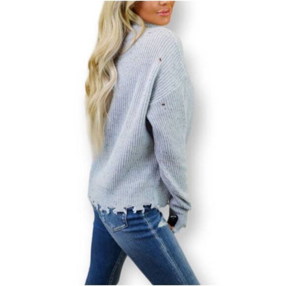 ZENANA LT. BLUE GRAY CUTOUT TURTLENECK DISTRESSED SWEATER NWT MULTIPLE SIZES. GO - Picture 3 of 9